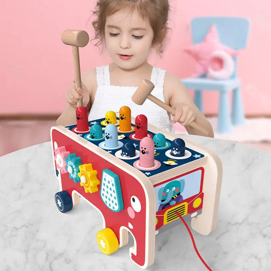Montessori Toddlers Kids Wooden Pounding Bench Animal Bus Toys Early Educational Set Gifts For Children Toy Musical Instrument Babys and Us
