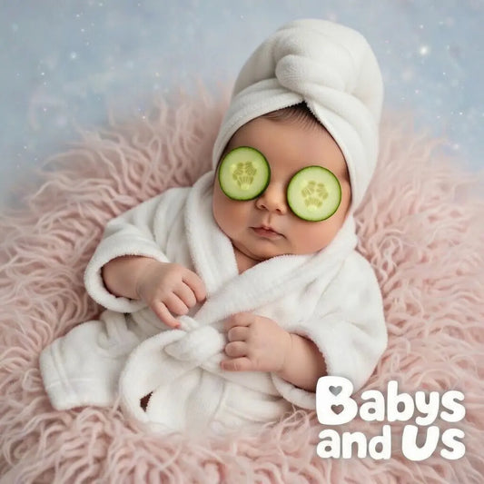Spa Baby Robe Set with Cucumber Eyes | Newborn Photoshoot Costume | Pink & White Hooded Towel Robe | Babys and Us Babys and Us