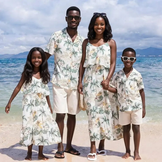 Tropical Palm Print Family Matching Outfits | Beach Vacation Hawaiian Style Set Mom Dad Kids | Babys and Us Babys and Us
